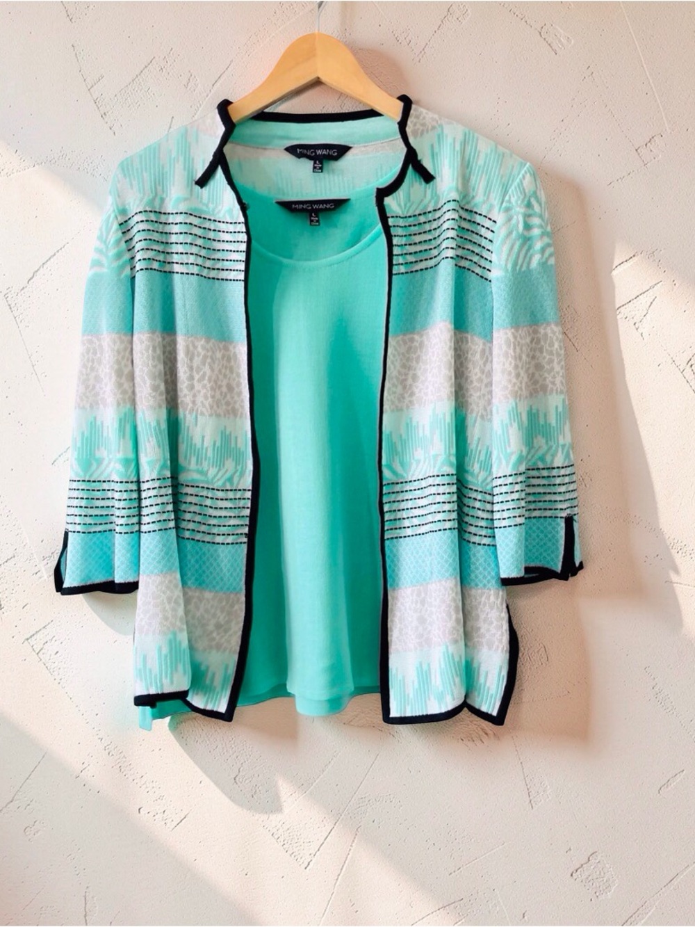 Ming Wang Mint Green Knit Twin Set Jacket & Tank Size L like new